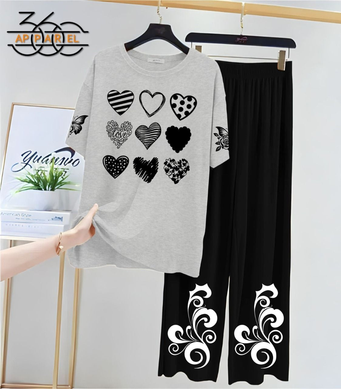 Grey & Black Women Printed Night Suit Fabric Jersey